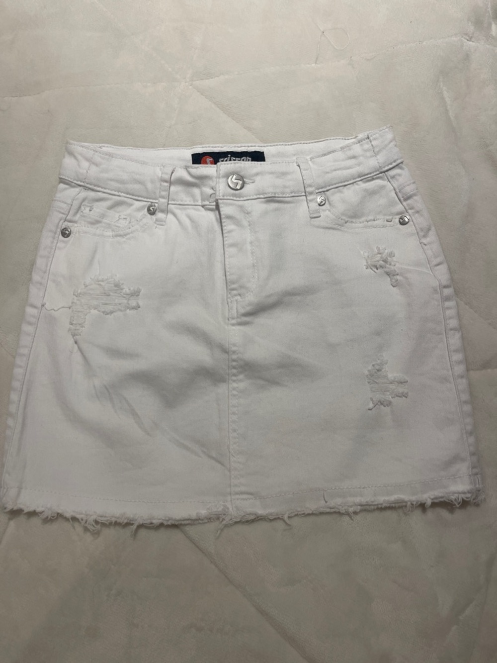 White Distressed Denim Mini Skirt - Casual Raw Hem